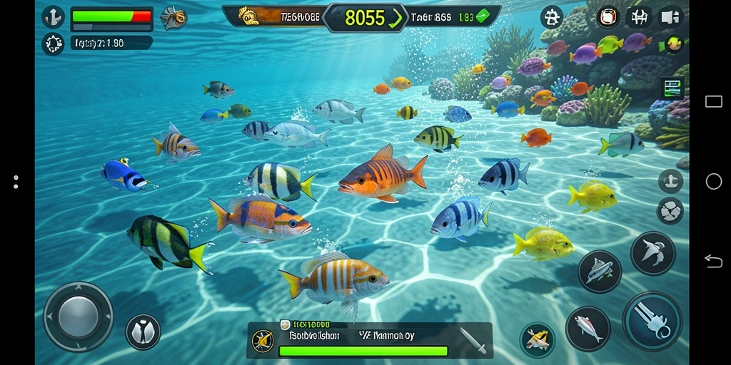 Tampilan gameplay seru dari 8055 saat menembak ikan.