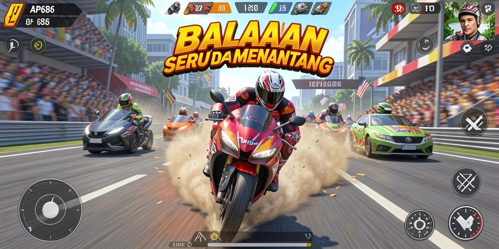 Screenshot gameplay AP686 menampilkan balapan motor yang mendebarkan.